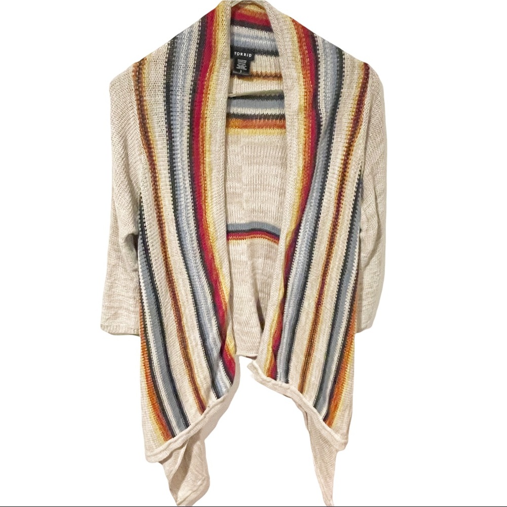 Torrid Plus Size 1X Tan‎ Rainbow Stripe Open Front Draped Cardigan - Picture 2 of 5